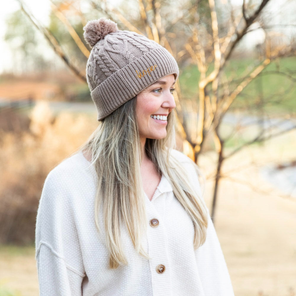 Cable Knit Pom-Pom Beanie - Beige