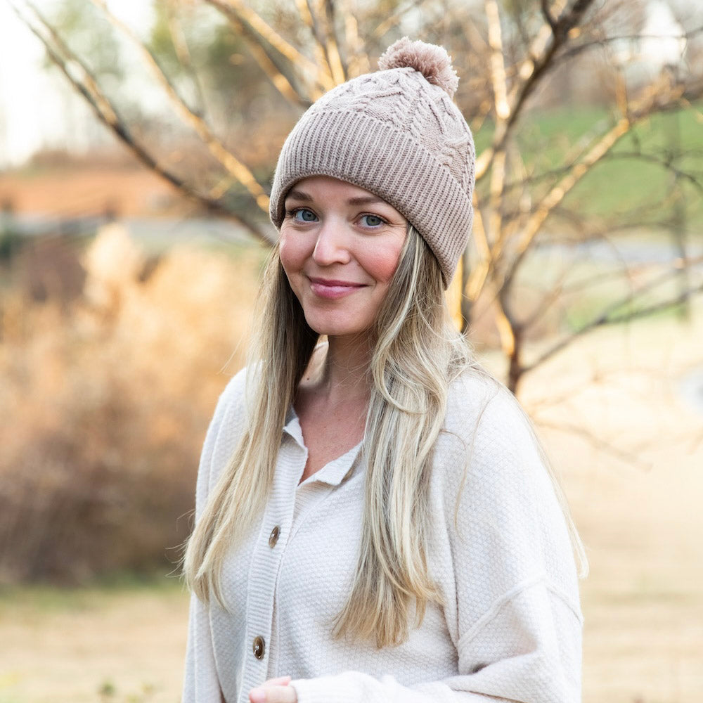 Cable Knit Pom-Pom Beanie - Beige