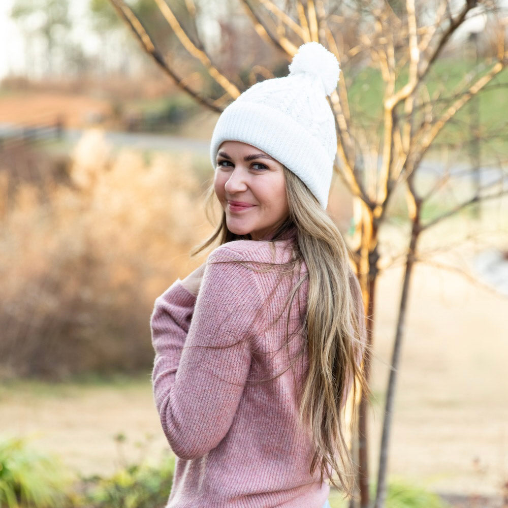 Cable Knit Pom-Pom Beanie - Ivory