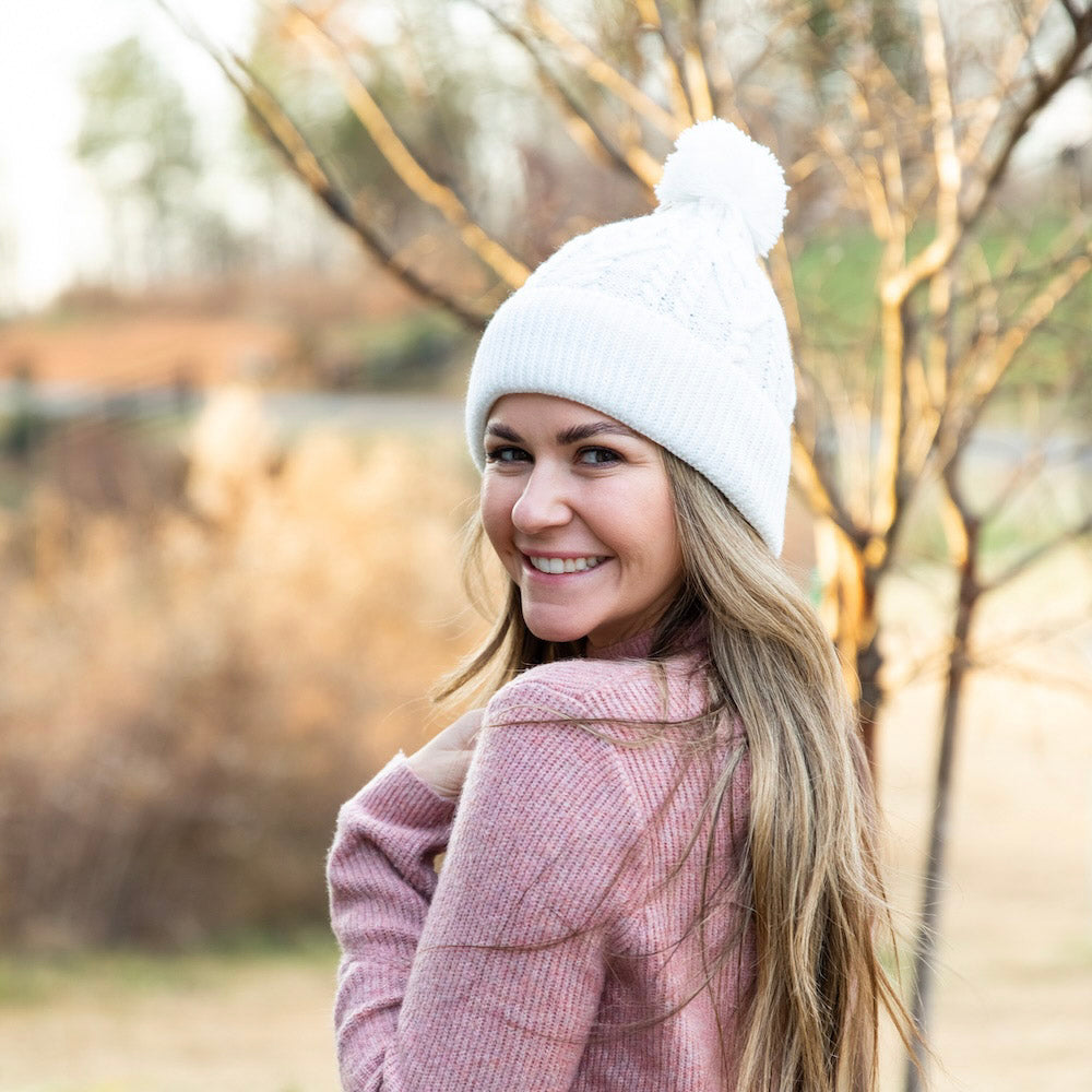 Cable Knit Pom-Pom Beanie - Ivory