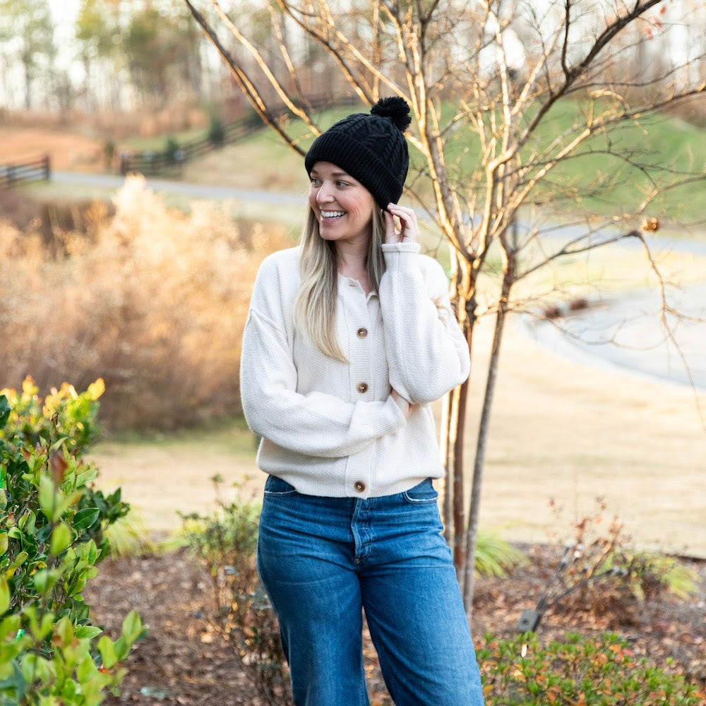 Cable Knit Pom-Pom Beanie - Black
