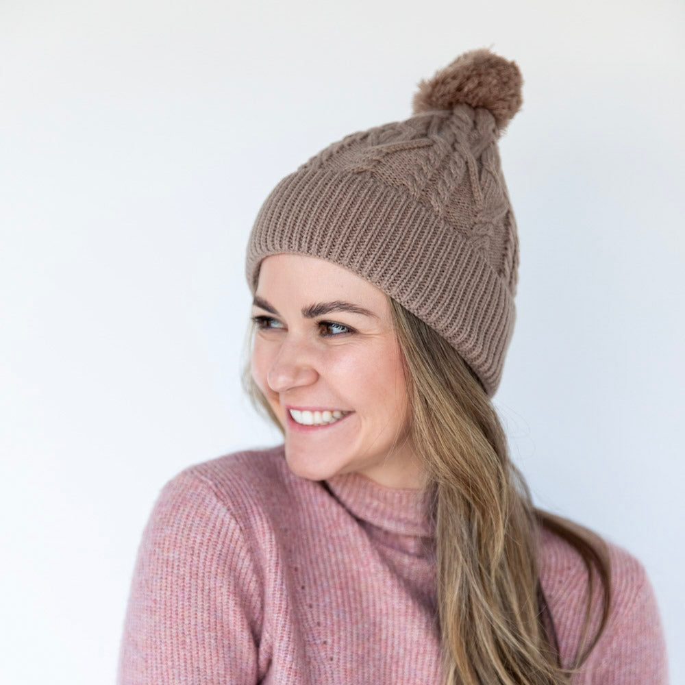Cable Knit Pom-Pom Beanie - Beige