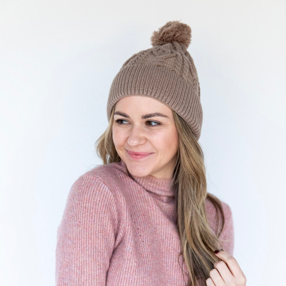 Cable Knit Pom-Pom Beanie - Beige