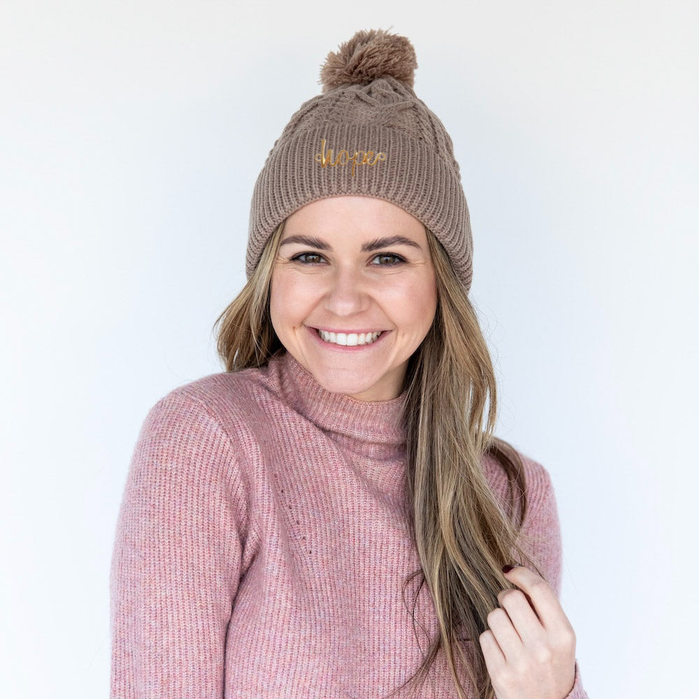Cable Knit Pom-Pom Beanie - Beige