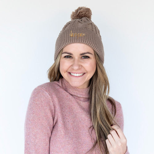 Cable Knit Pom-Pom Beanie - Beige