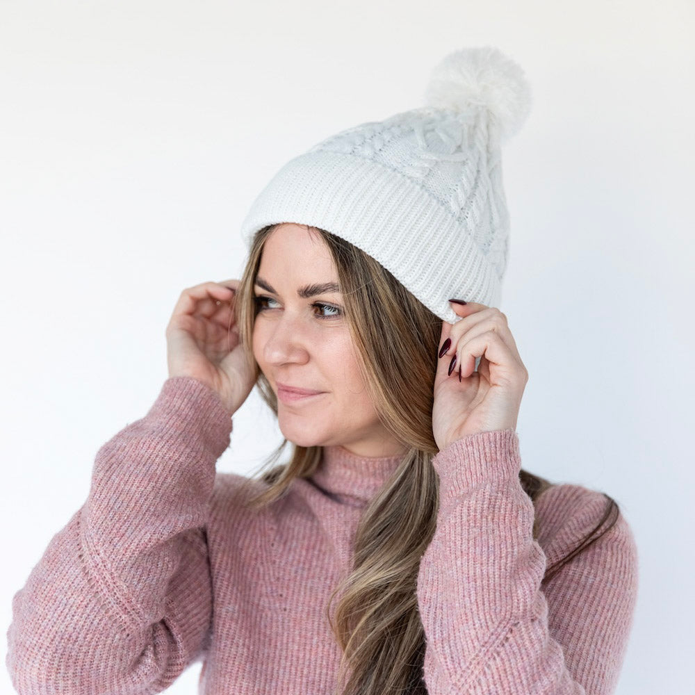 Cable Knit Pom-Pom Beanie - Ivory