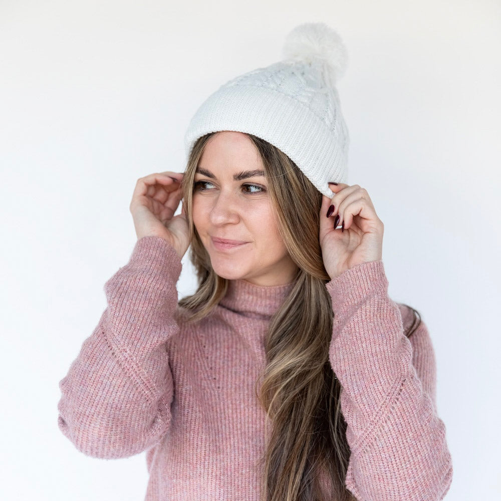 Cable Knit Pom-Pom Beanie - Ivory