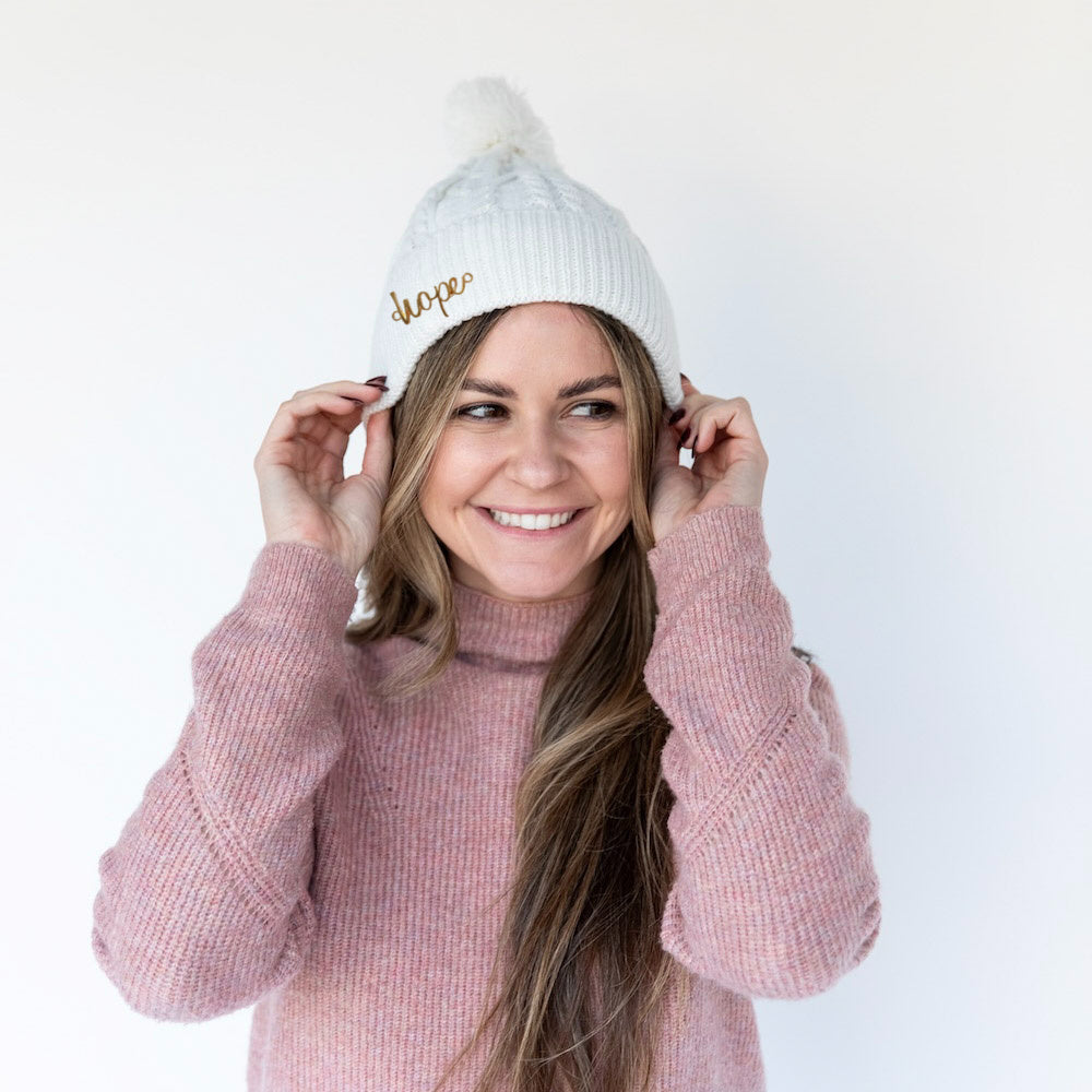 Cable Knit Pom-Pom Beanie - Ivory