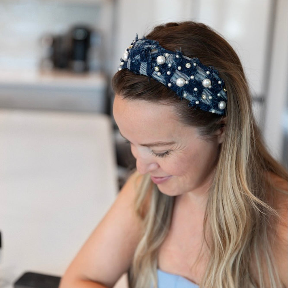 Embellished Top Knot Headband - Patchwork Denim