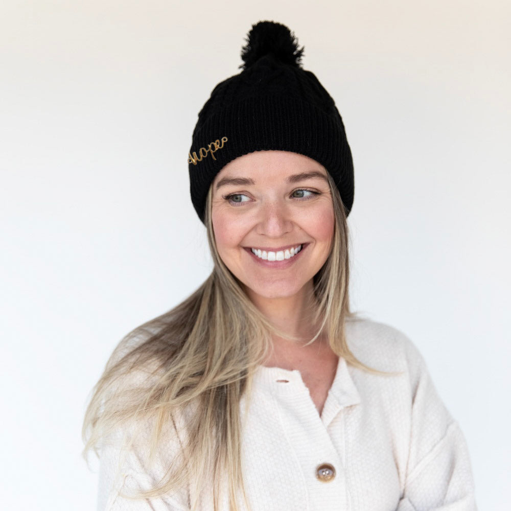 Cable Knit Pom-Pom Beanie - Black