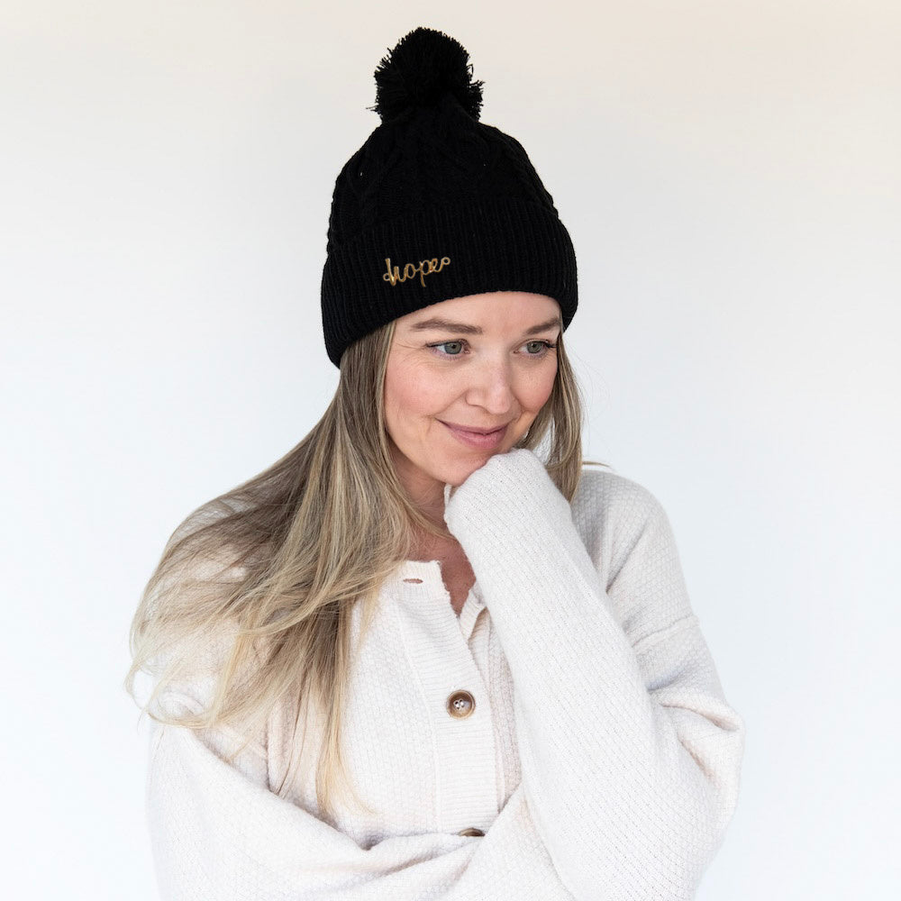 Cable Knit Pom-Pom Beanie - Black