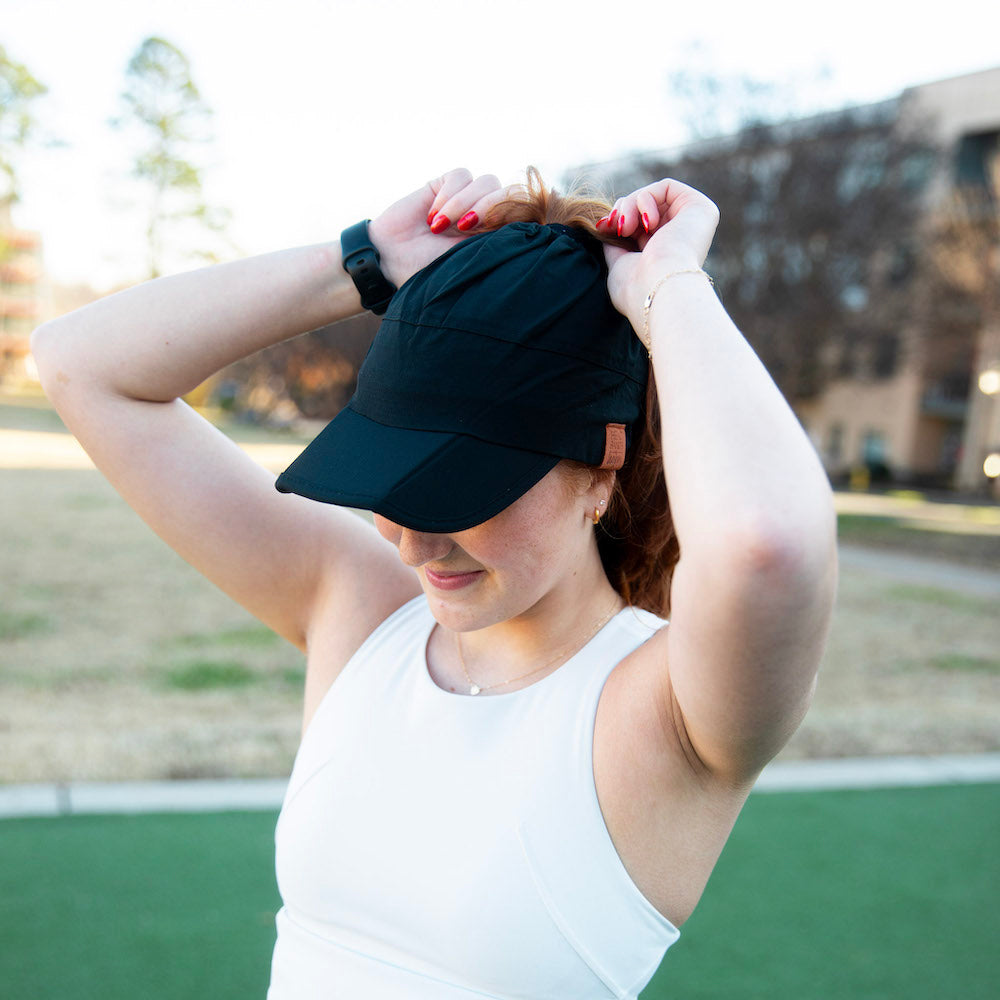 Adjustable High Ponytail Running Hat - Black
