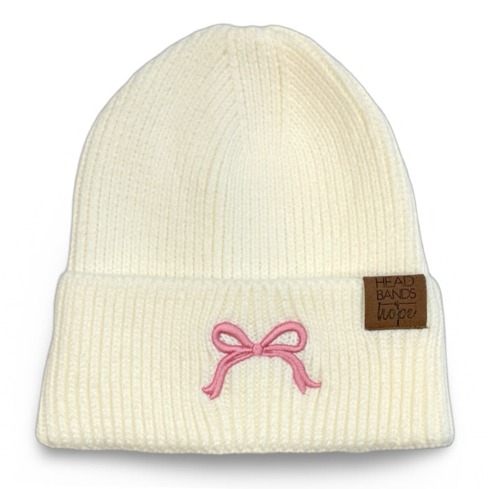 Embroidered Beanie - White + Pink Bow