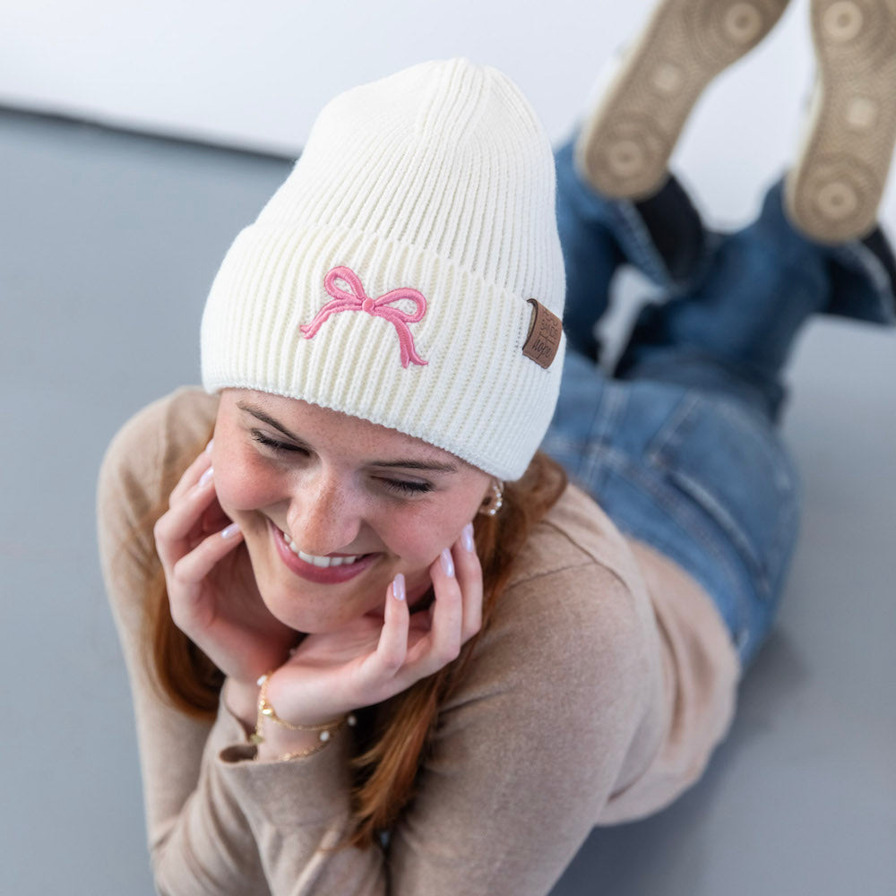 Embroidered Beanie - White + Pink Bow
