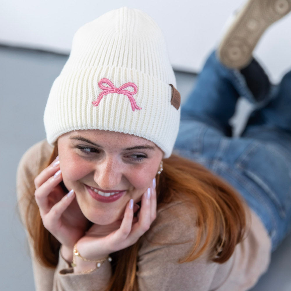 Embroidered Beanie - White + Pink Bow
