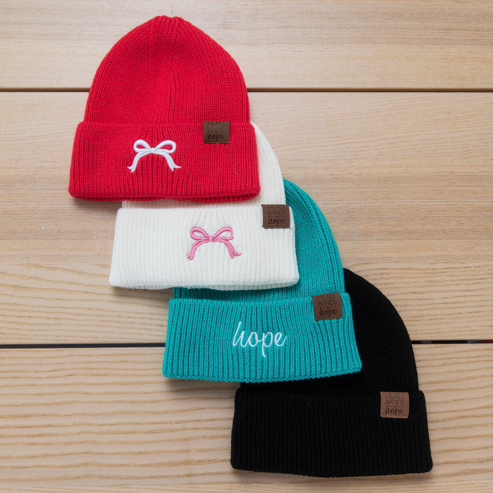 Embroidered Beanie - White + Pink Bow