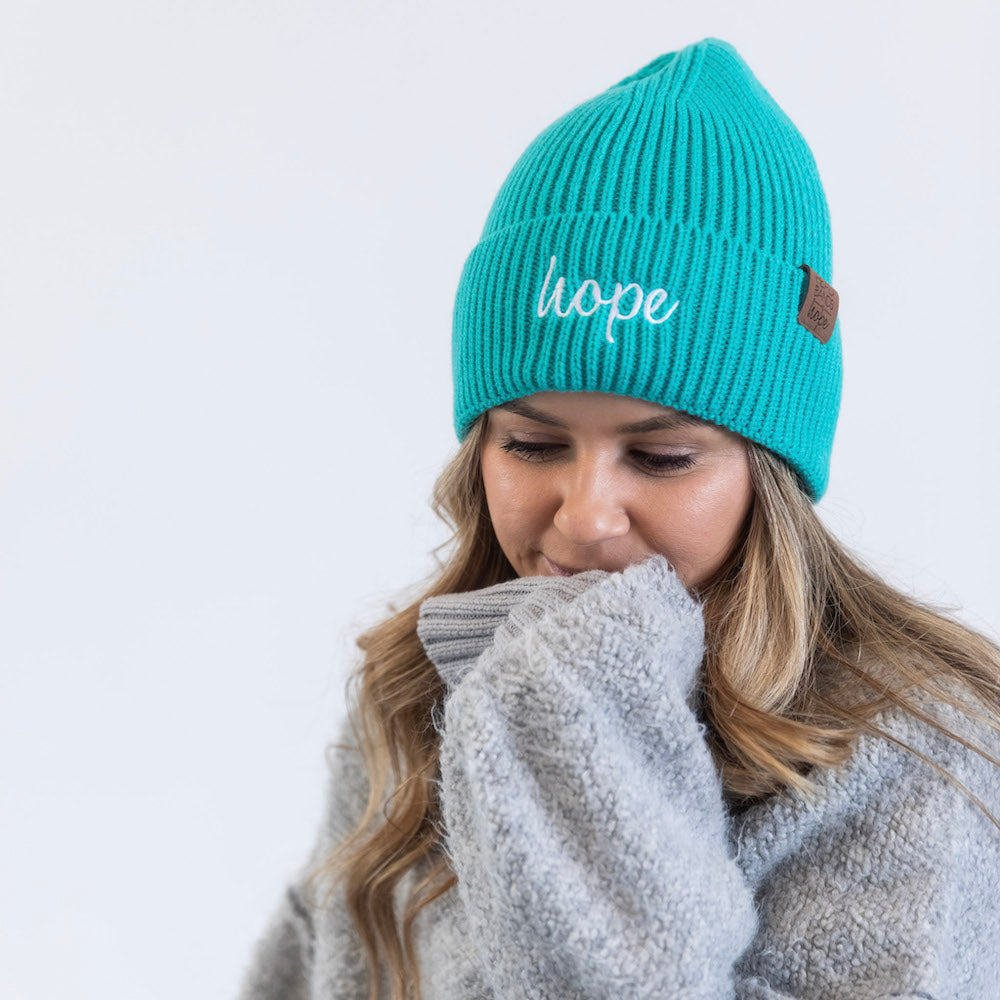 Embroidered Beanie - Teal + White Hope