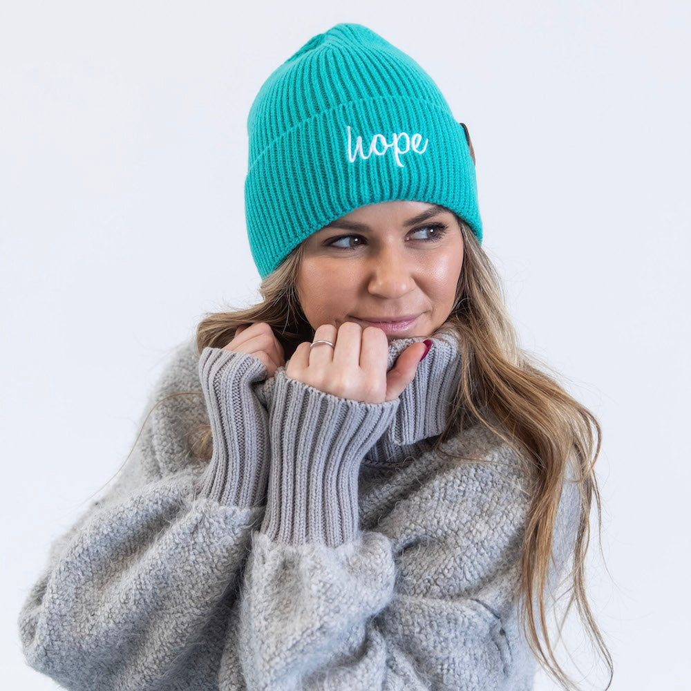 Embroidered Beanie - Teal + White Hope