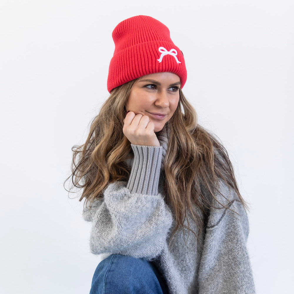 Embroidered Beanie - Coral + White Bow