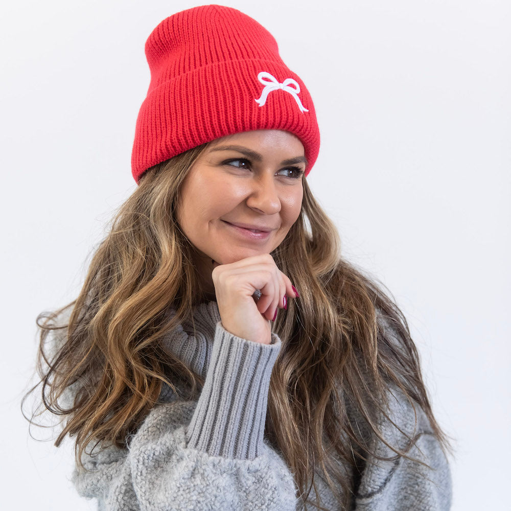 Embroidered Beanie - Coral + White Bow