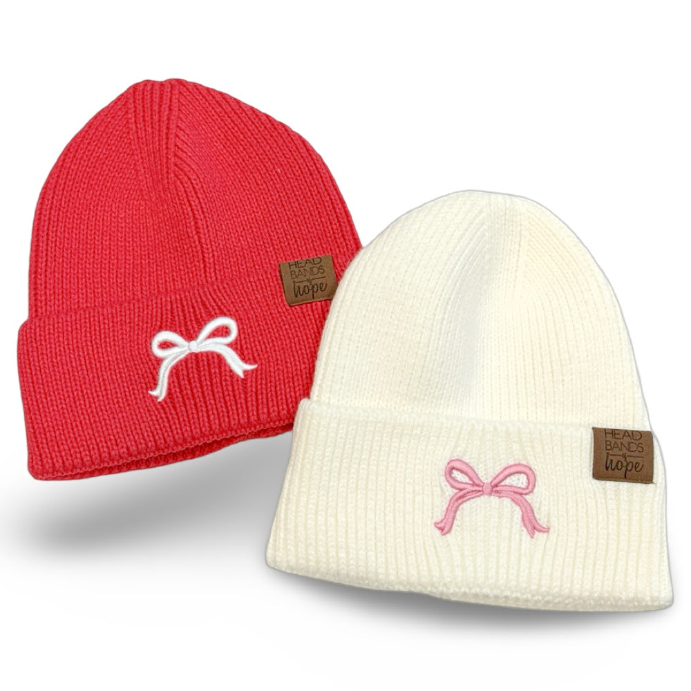 Embroidered Beanie - Coral + White Bow