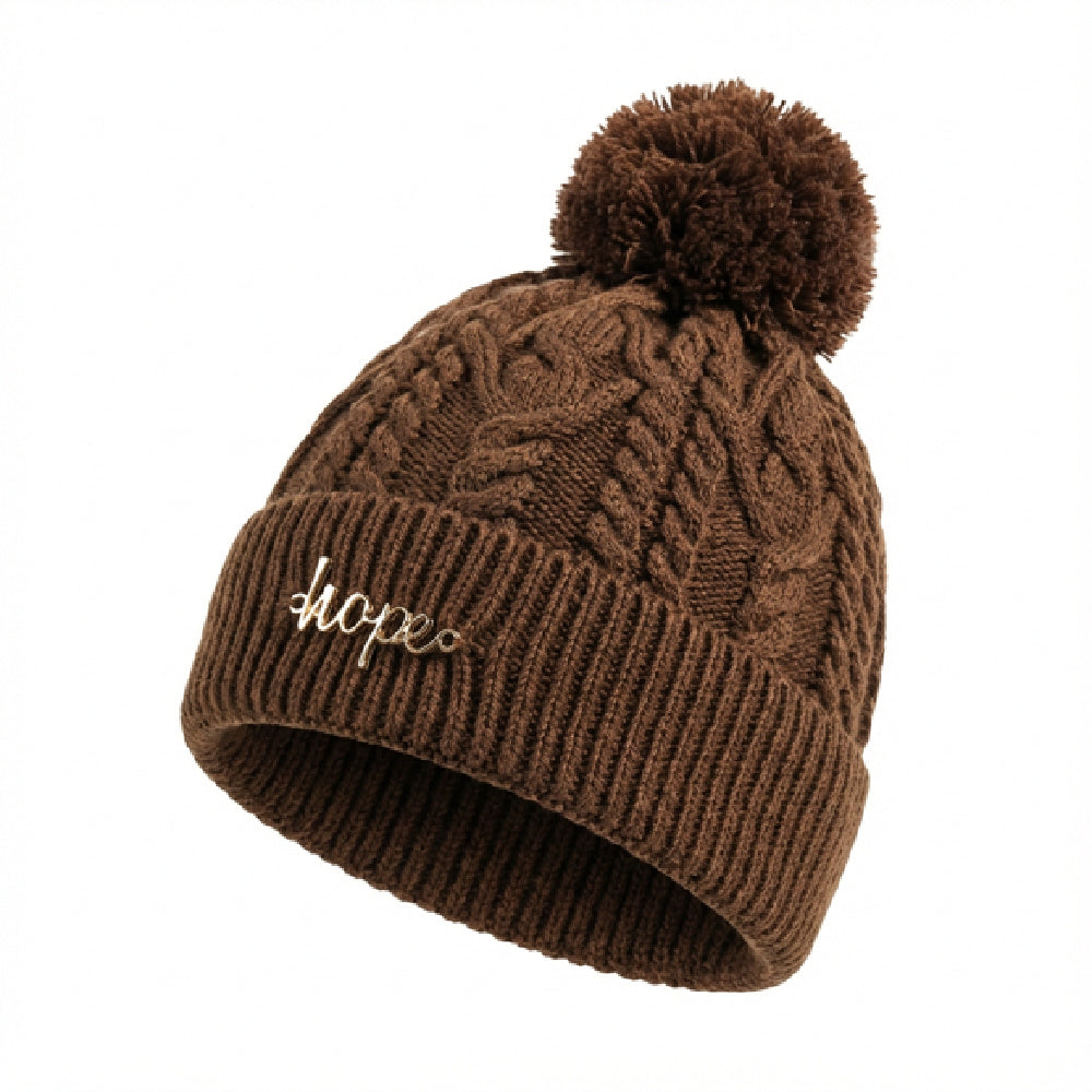 Cable Knit Pom-Pom Beanie - Brown