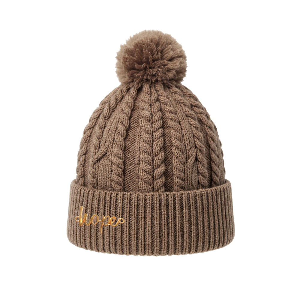 Cable Knit Pom-Pom Beanie - Beige