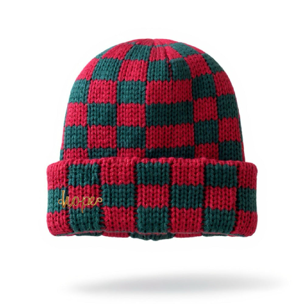 Two-Tone Checkerboard Knit Beanie - Red + Green