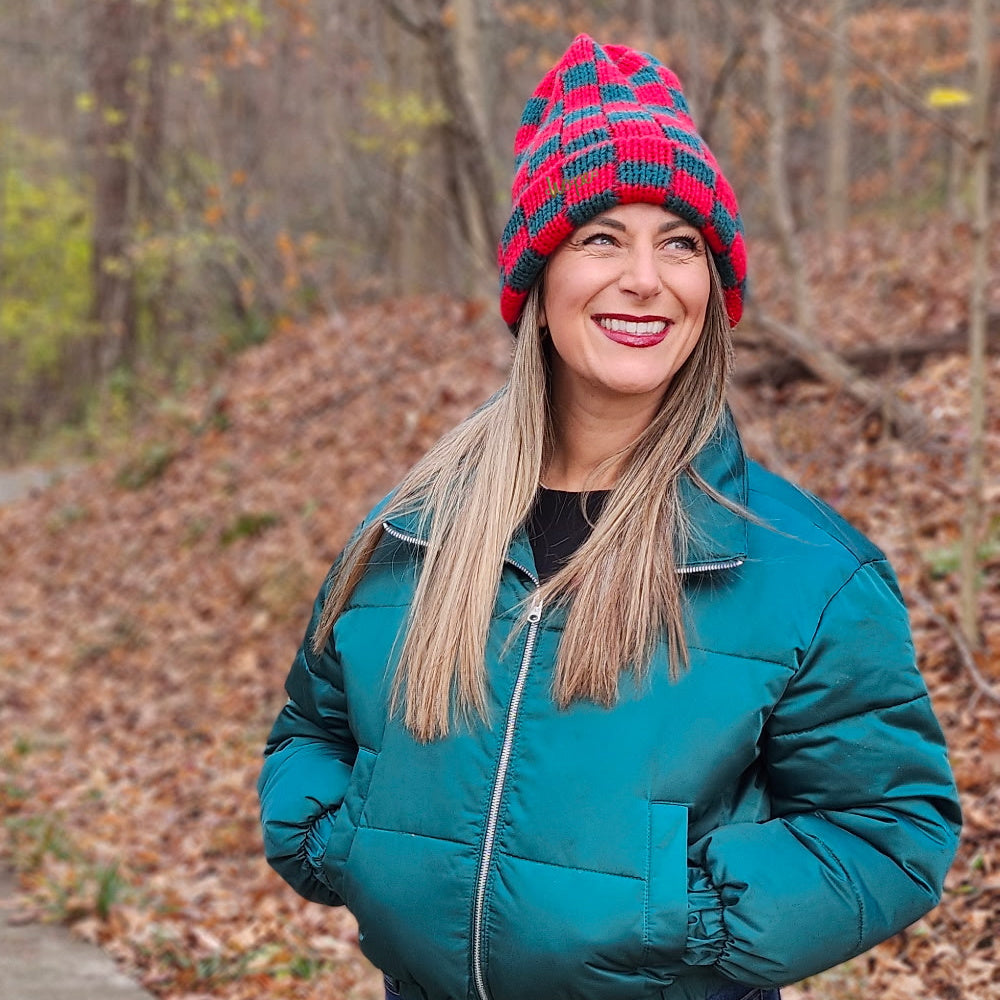 Two-Tone Checkerboard Knit Beanie - Red + Green