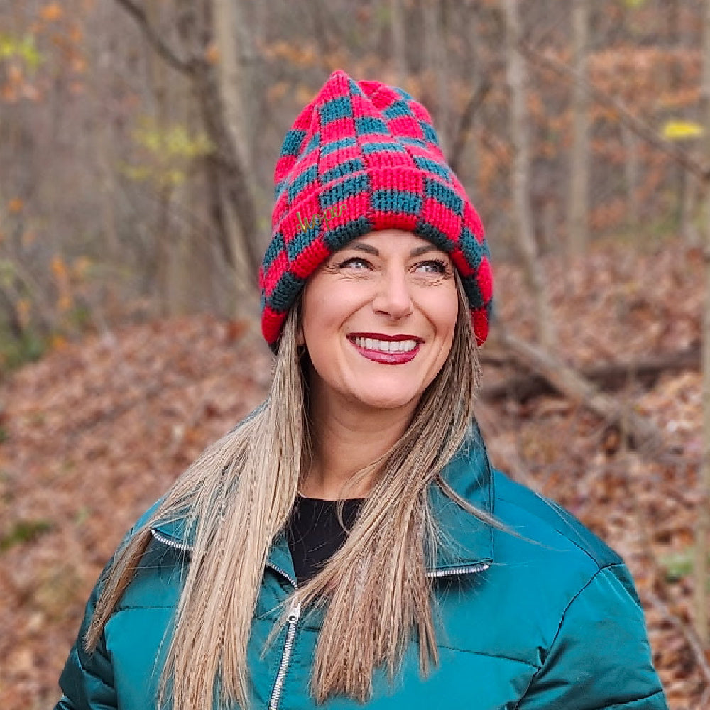 Two-Tone Checkerboard Knit Beanie - Red + Green