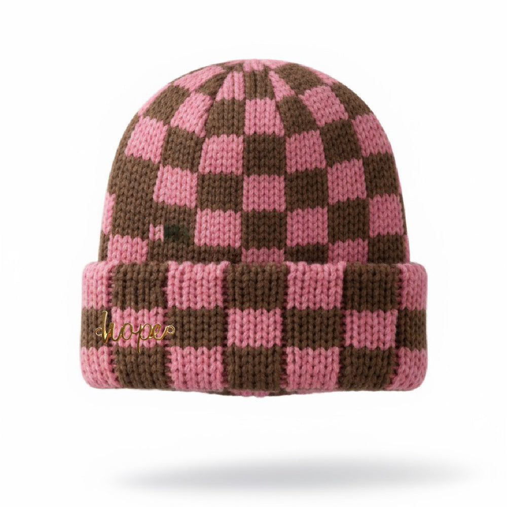 Two-Tone Checkerboard Knit Beanie - Pink + Brown