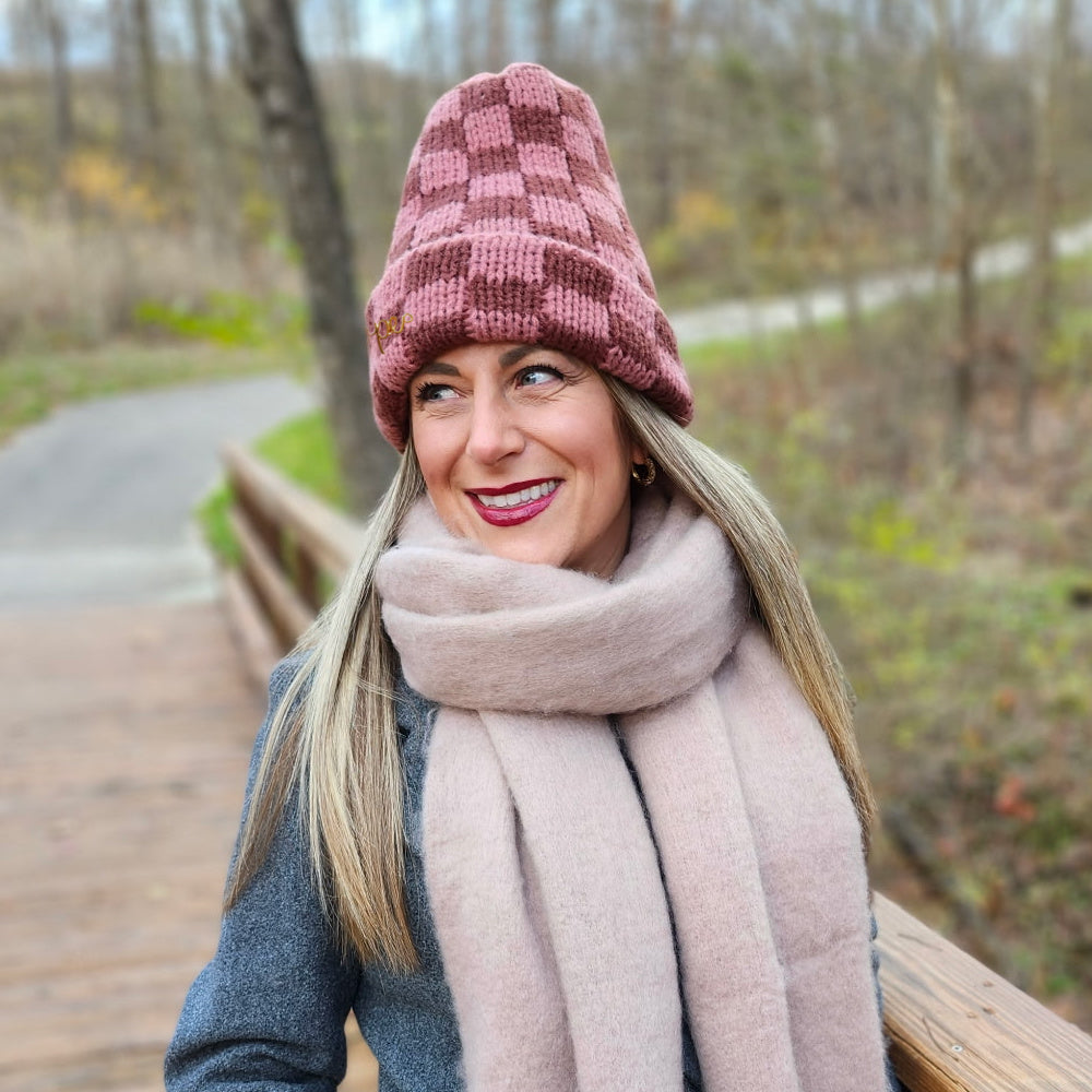 Two-Tone Checkerboard Knit Beanie - Pink + Brown