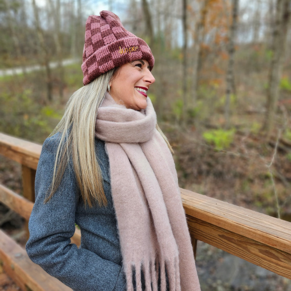 Two-Tone Checkerboard Knit Beanie - Pink + Brown