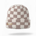 Two-Tone Checkerboard Knit Beanie - Cream + Brown