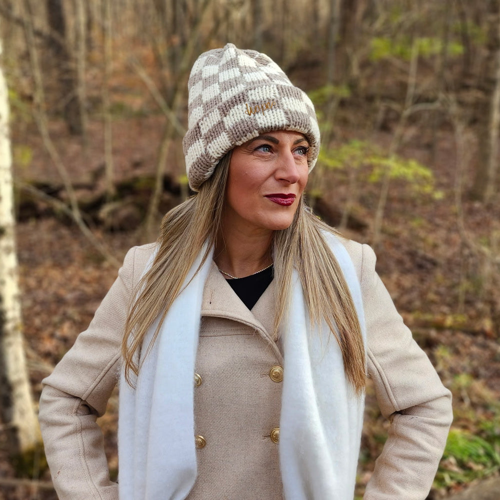 Two-Tone Checkerboard Knit Beanie - Cream + Brown