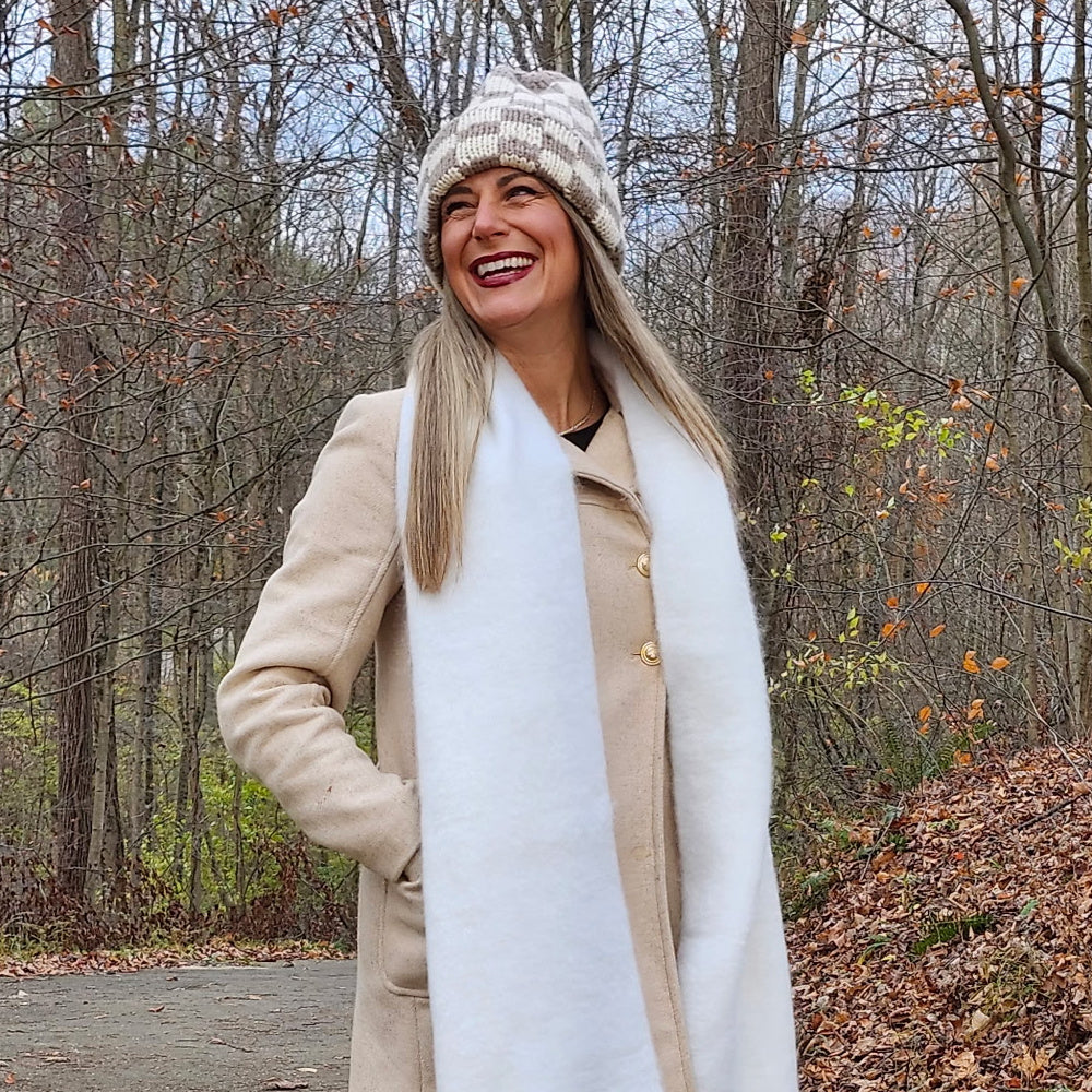 Two-Tone Checkerboard Knit Beanie - Cream + Brown