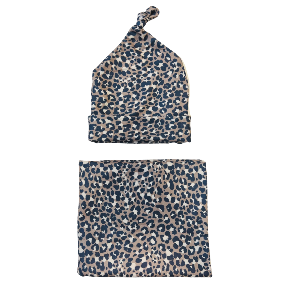 Tan + Periwinkle Jaguar Baby Swaddle + Hat Set
