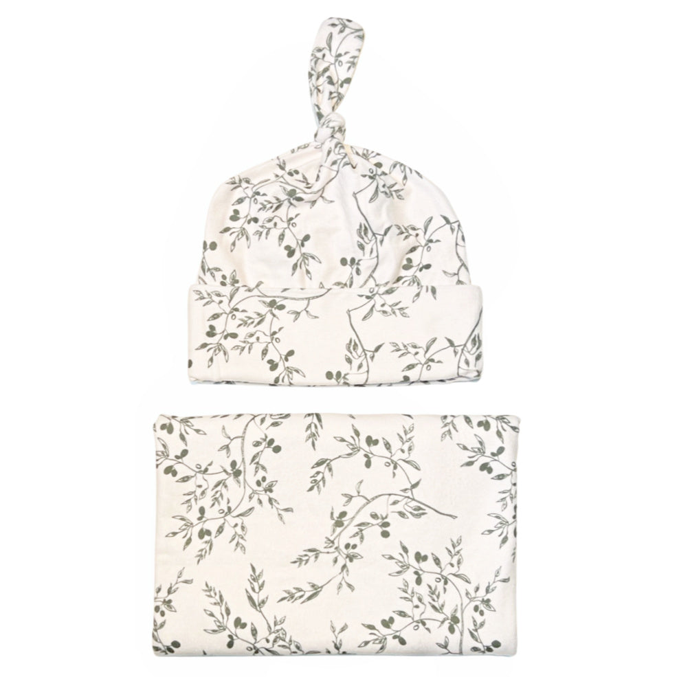 Baby Swaddle + Hat Set - Olive Branch