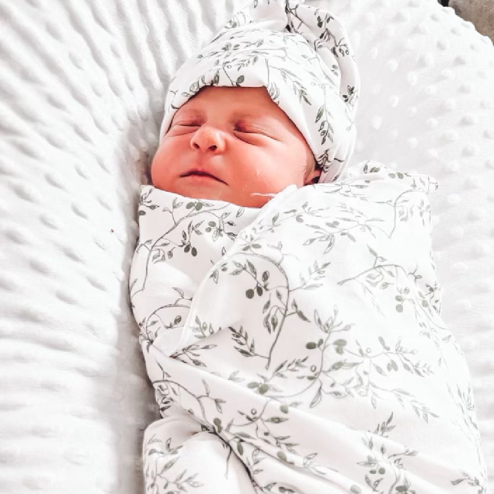 Baby Swaddle + Hat Set - Olive Branch