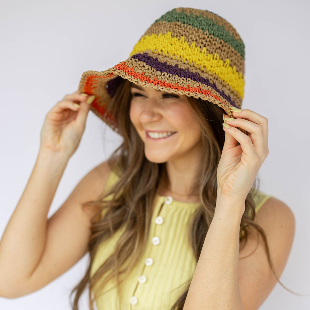 Raffia Woven Bucket Hat - Rainbow