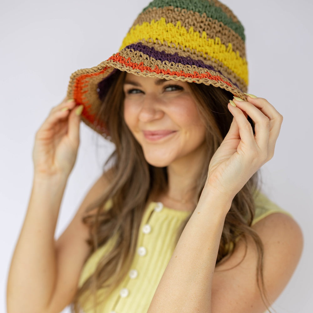 Raffia Woven Bucket Hat - Rainbow