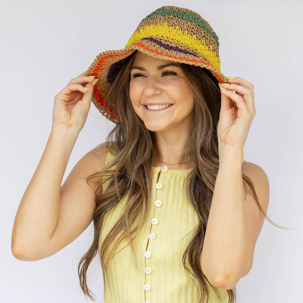 Raffia Woven Bucket Hat - Rainbow