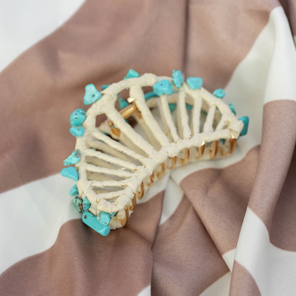 Raffia Seashell Hair Claw Clip - Teal