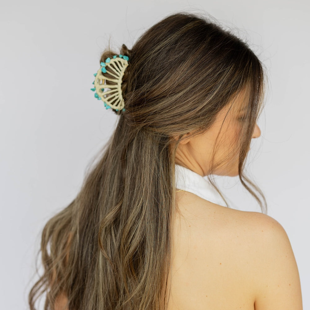 Raffia Seashell Hair Claw Clip - Teal