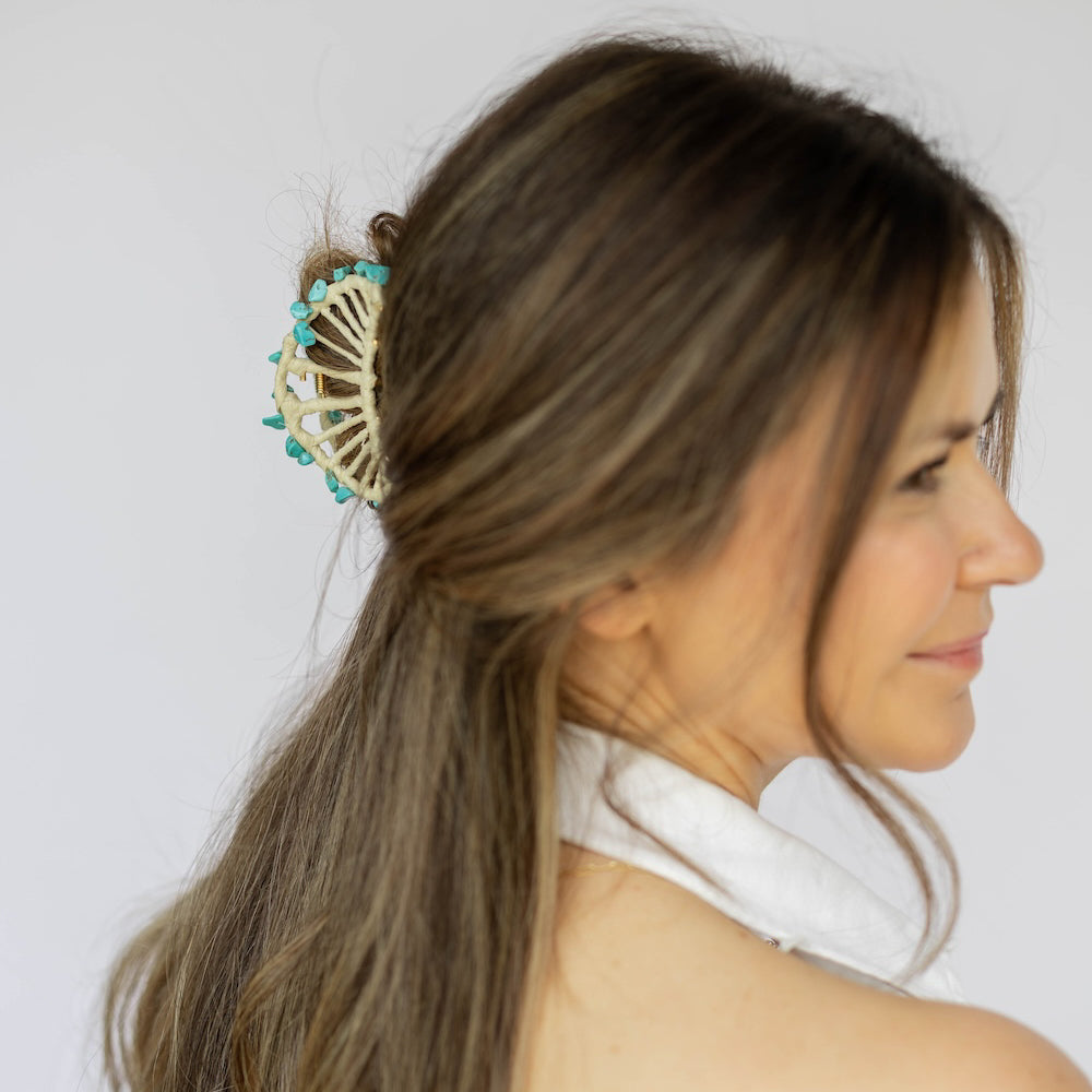 Raffia Seashell Hair Claw Clip - Teal