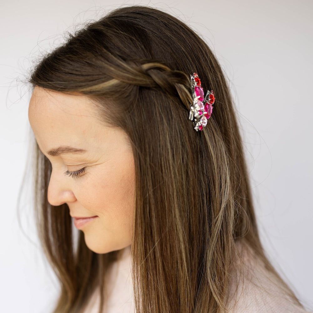 Small Barrette Hair Clip - Pink Gems