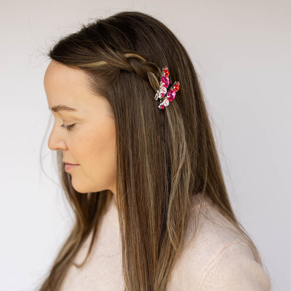 Small Barrette Hair Clip - Pink Gems
