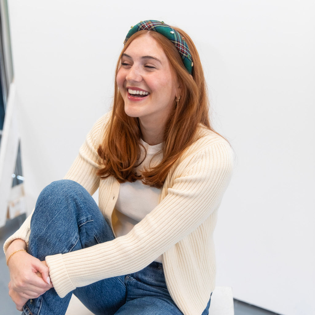 Classic Padded Headband - Green Plaid Gems