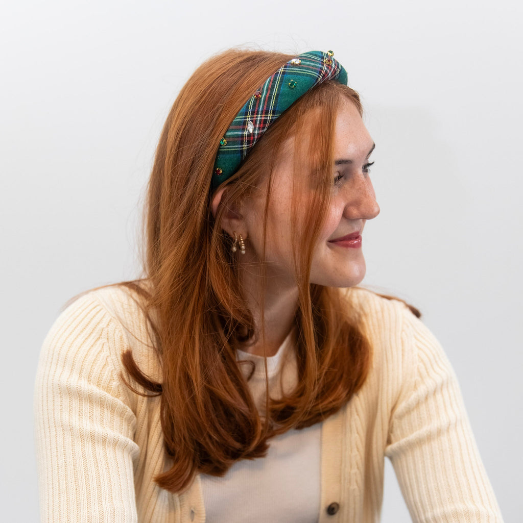 Classic Padded Headband - Green Plaid Gems