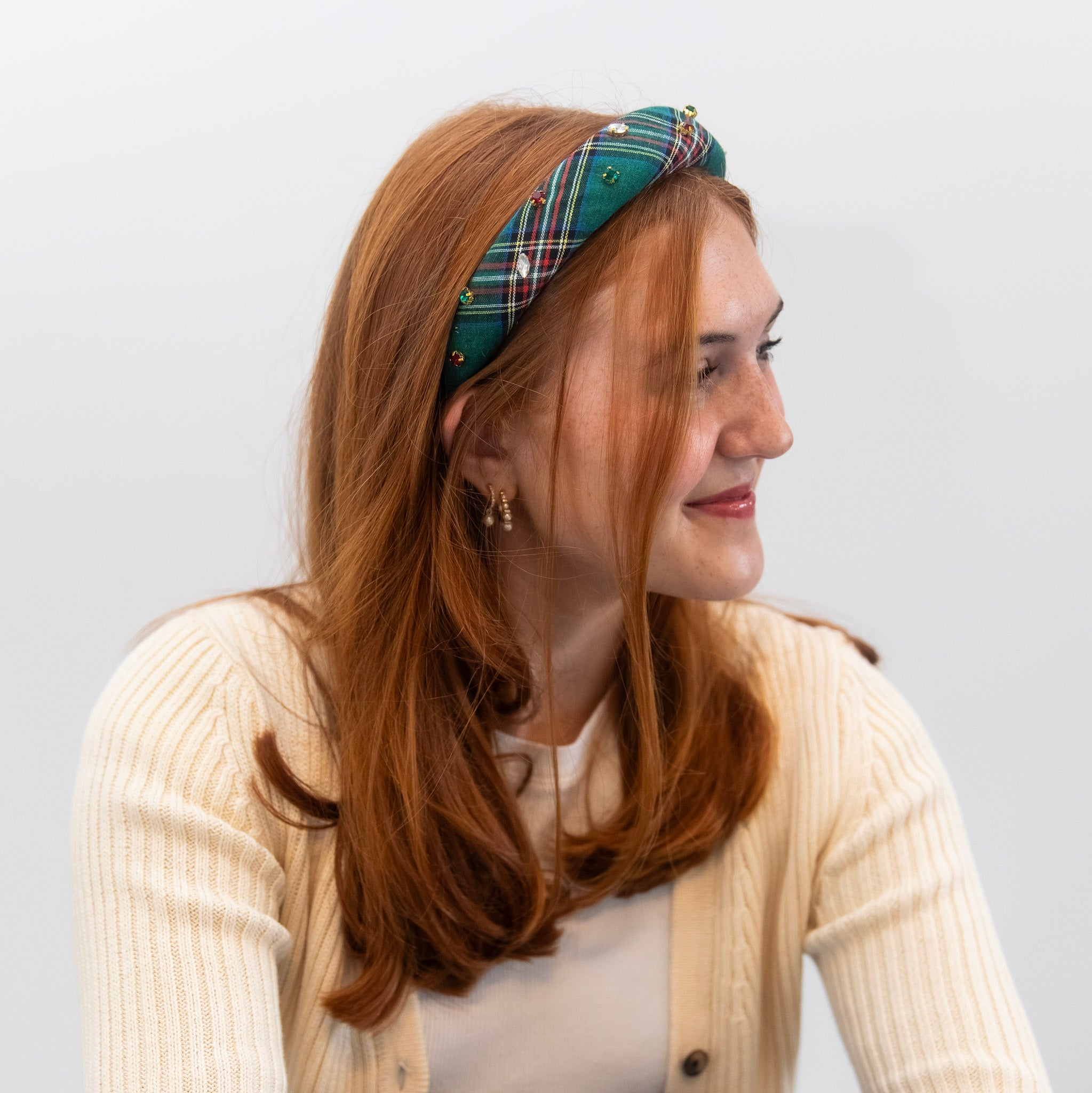 Classic Padded Headband - Green Plaid Gems